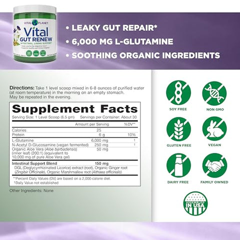 Renovação Vital do Intestino em Pó para Reparo do Intestino Permeável com L-Glutamina, Malva e Raiz de Gengibre, Raiz de Alcaçuz DGL e Aloe Vera Orgânica, L Glutamina 6000mg – Produto Vital Planet - Vital Planet