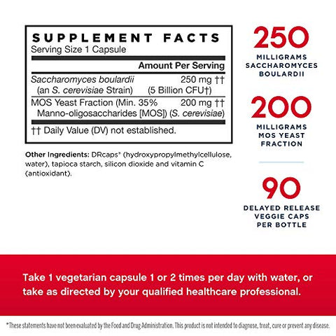 Saccharomyces Boulardii MOS – 5 Bilhões de Organismos Vivos por Porção – 90 Cápsulas Vegetais de Liberação Retardada, 2 Pacotes – Probiótico Prebiótico – Trato Intestinal - Jarrow Formulas