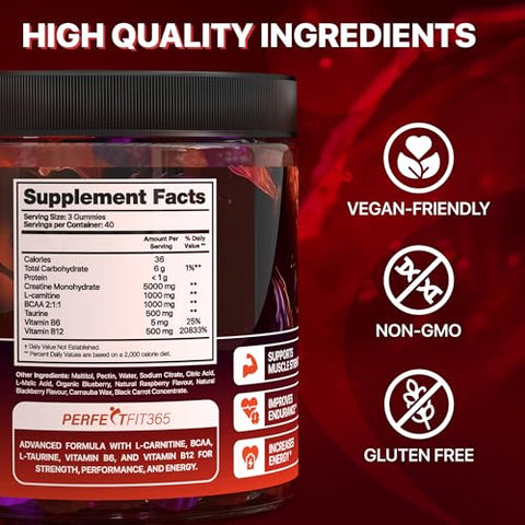 PERFECTFIT365 - Creatine Monohydrate Gummies Complex 8000mg – Suplemento de Creatina Mastigável para Homens e Mulheres com L-Carnitina, Taurina, Creatina Monohidratada Mastigável, Força Muscular, Sabor Framboesa