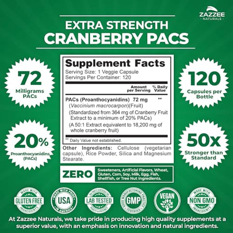 Cranberry PACs Extra Forte, 72 mg PACs por Cápsula, 100%% Solúvel, 120 Cápsulas Veganas, Extrato 50:1, Força de 18.200 mg, Suporte Eficaz para o Trato Urinário UTI em Mulheres - Zazzee