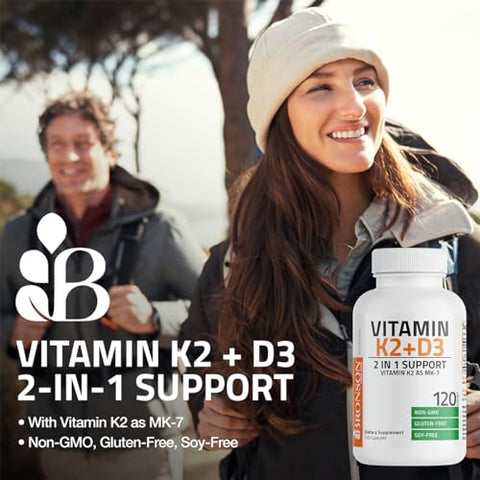 Vitamina K2 (MK7) com D3 – Fórmula Não-OGM 5000 UI de Vitamina D3 - Bronson