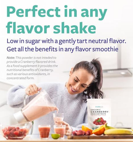 PURE CO - Concentrado de Cranberry Orgânico USDA (50:1) em Pó – 500mg Equivale a 25.000mg de Cranberries Frescos – Limpeza Renal