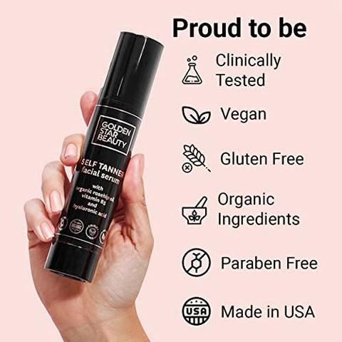GOLDEN STAR BEAUTY - Bronzeador Facial – Sérum Autobronzeador com Ácido Hialurônico e Óleos Orgânicos, Melhores Vendedores de Autobronzeadores, Autobronzeador Facial para um Brilho Natural de Beijo de Sol, Hidratante Autobronzeador, 60 ml (Leve…)