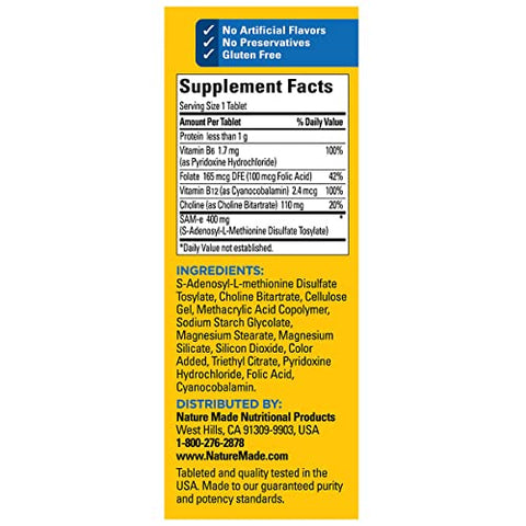 SAM-e Complete 400 mg – 60 Comprimidos Revestidos Entéricos – Marca Nature Made - Nature Made