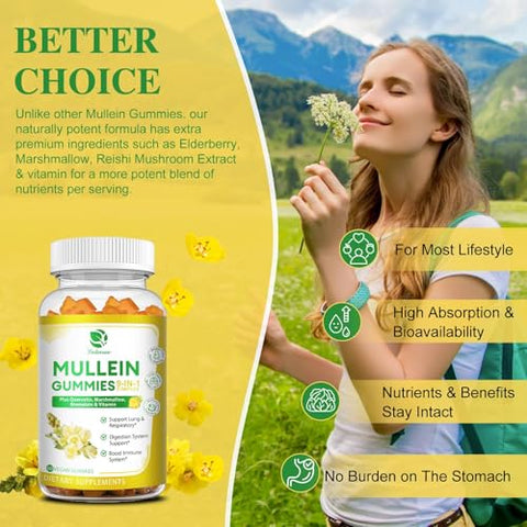 Lukaree - (2 Pacotes) Gomas de Mullein 9 em 1 para Limpeza Pulmonar, Extra Forte 10000 MG (10:1 Extrato) Extrato de Folha de Mullein com Quercetina, Bromelina, Sabugueiro