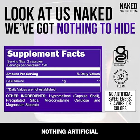 Naked Nutrition - Naked L-Glutamina Cápsulas para Recuperação Muscular, 1000mg, 240 Unidades, Fabricado nos EUA, Livre de OGM, Sem Glúten e Soja