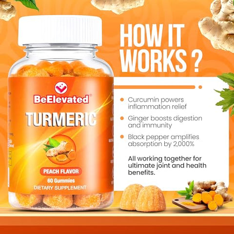 BeElevated - Gomas de Cúrcuma para Adultos – Extrato 8:1 2000mg – Pimenta Preta e Gengibre para Suporte Articular – Vitaminas Vegetarianas Mastigáveis – Sabor Pêssego