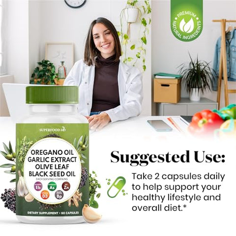 Superfood MD - Óleo de Orégano 6000mg Extrato de Alho 4000mg Folha de Oliveira 3000mg Óleo de Semente Negra 3000mg Suporte Imunológico Astragalus