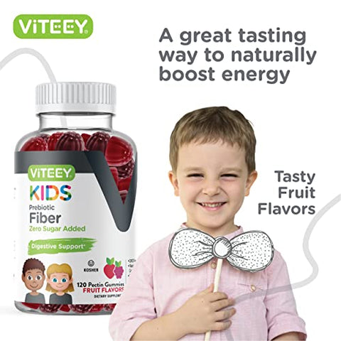 Viteey - Fibras Gomosas Prebióticas para Crianças – Alívio da Constipação, Suporte à Saúde Digestiva e Regularidade, Suporte Natural ao Peso – 4g de Fibras, Zero Açúcar Adicionado, Vegano, Sem Glúten – Delicioso