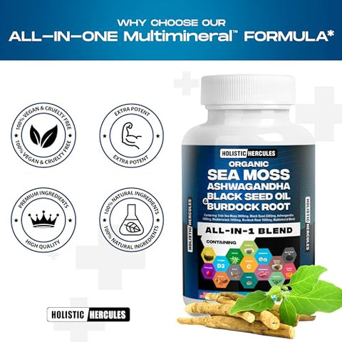 Holistic Hercules - Blend: Sea Moss 9000mg, Black Seed Oil 6000mg, Ashwagandha 3000mg, Burdock 2000mg – Potência Natural para Saúde e Bem-Estar