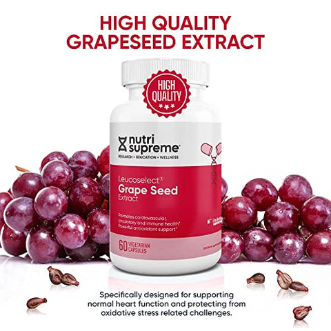 NUTRI-SUPREME RESEARCH - Nutri Supreme Grapeseed Extract Leucoselect – Suporte Super Antioxidante, Saúde Cardiovascular – 60 Cápsulas Certificadas Kosher