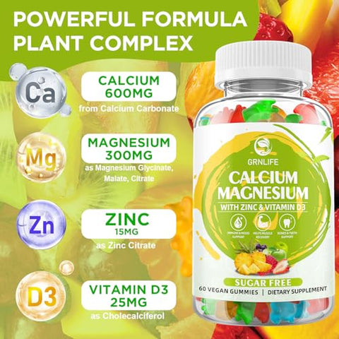 GrnLife - Suplemento de Cálcio Magnésio Zinco com Vitamina D3, Gomas de Cálcio Sem Açúcar para Mulheres Homens, Gomas de Magnésio de Alta Potência para os Ossos