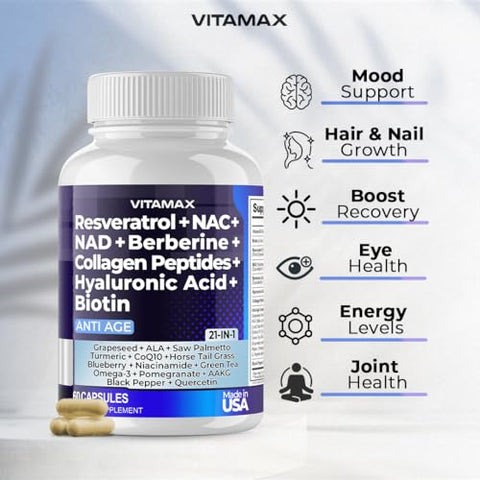 Vitamax - Resveratrol NAD Berberina Ácido Hialurônico – Biotina Uva | 30g