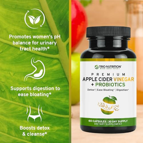Cápsulas de Vinagre de Maçã com Bilhões de Probióticos de Múltiplas Cepas – Marca em Destaque - TRIO NUTRITION