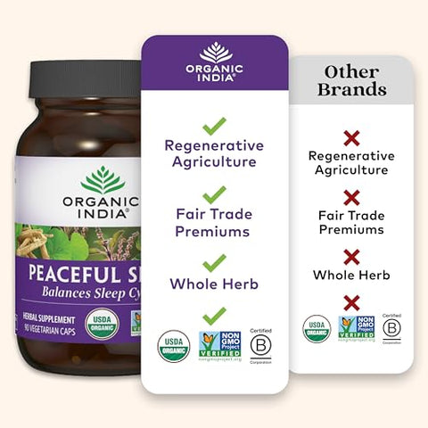 ORGANIC INDIA - Suplemento Herbal Organic India Peaceful Sleep – Suporte aos Ciclos de Sono, Vegano, Sem Glúten, Certificado Orgânico pelo USDA, Não-OGM, Energia Suportada