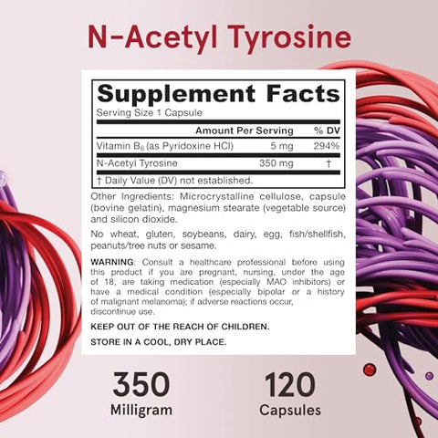 N-Acetyl Tyrosine 350 mg – Suporte Cerebral com Vitamina B6 – 120 Cápsulas - Jarrow Formulas