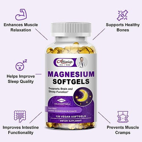Alliwise - Magnésio Glicinato de Alta Absorção 400mg Cápsulas Softgels, 400 mg de Magnésio Elemental com 100mg de Cálcio – Altamente Bio disponível – com Vitamina D3