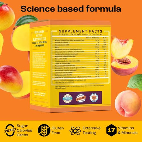 Pacotes de Pó de Eletrólitos – Sabor Pêssego Manga Tropical 20 Pacotes de Hidratação – Pó de Hidratação para Viagem – Sem Açúcar, Sem Calorias, Sem Glúten – Fabricado nos EUA - KEY NUTRIENTS