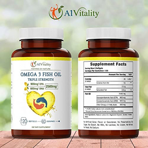 A1Vitality - Ômega 3 Triplo Forte EPA DHA – 2500mg Óleo de Peixe com Sabor de Limão, Livre de Arrotos – Alta Potência 900mg EPA 600mg DHA Suporta Circulação, Cérebro, Coração, Olhos, Pele e Ossos