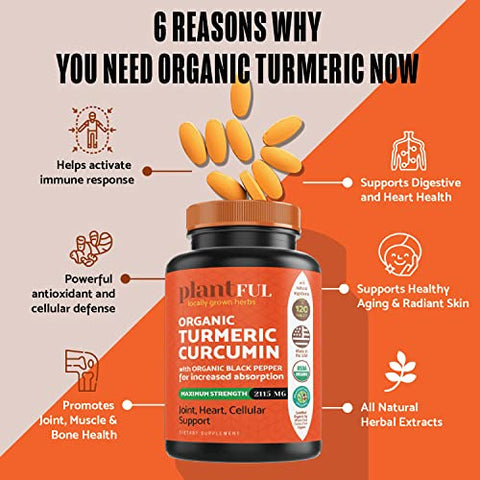 PLANTFUL RESEARCH - Suplemento Orgânico de Cúrcuma com Pimenta Preta – Potência Máxima Certificado USDA [Curcumina Orgânica Não-OGM 2115mg] Antioxidante para Articulações