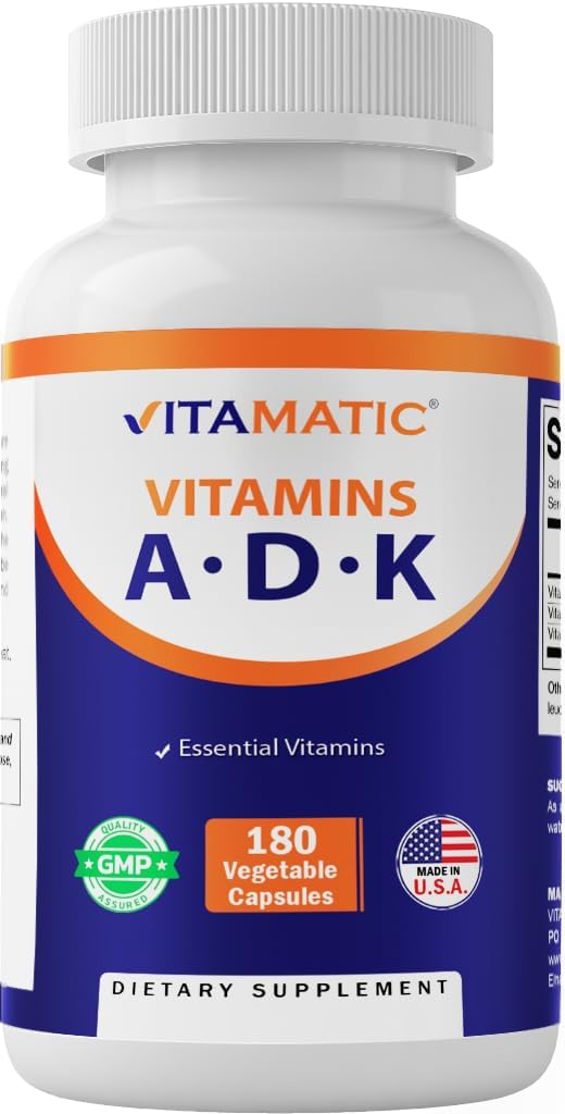 ADK – Suplemento de Vitaminas em Cápsulas Vegetais, 180 Unidades, Alta Potência de Vitaminas A, D3, K2 para Saúde Óssea, Absorção de Cálcio, Livre de Transgênicos e Glúten - Vitamatic