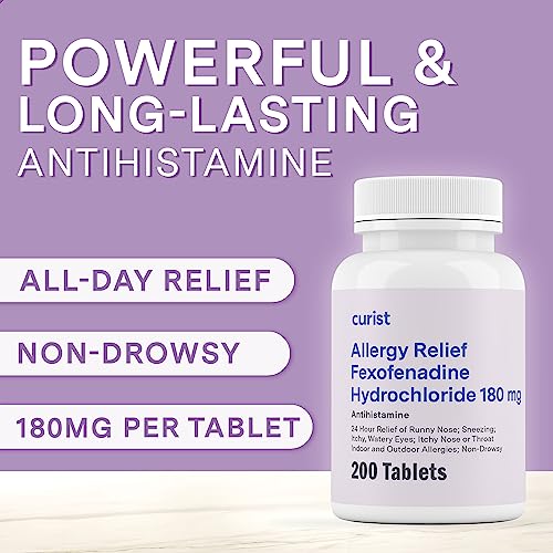 Fexofenadine Hydrochloride 180mg (200 Comprimidos) – Medicamento para Alergia Não Sonolento Fabricado nos EUA – Alívio de Alergia Durante 24 Horas para Coriza, Coceira nos Olhos - Curist