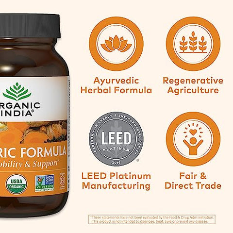 ORGANIC INDIA - Suplemento Herbal Organic India Cúrcuma Curcumina – Mobilidade Articular – 60 cápsulas – 500mg