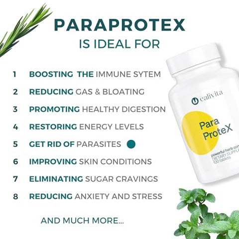 CaliVita - ParaProteX – Comprimidos Detox – Noz Preta Artemísia – Desparasitante Natural para Humanos – Limpeza de Candida – Óleo de Cravo – Suporte para Saúde Intestinal com 10 Ingredientes Ativos – 100g