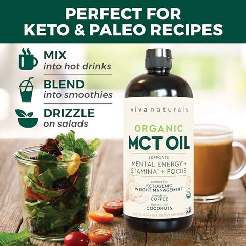 Óleo MCT Orgânico para Café Keto (946 ml) – Melhor Suplemento de Óleo MCT para Energia e Clareza Mental, Certificado Orgânico USDA, Não-OGM e Paleo Certificado - Viva Naturals