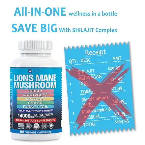 WINWINSUPPLEMENTS - Lions Mane Mushroom 11200mg (16:1 extrato) Cordyceps Reishi 1000mg Maitake Mushroom Turkey Tail Chaga 15 Vitaminas Minerais-32em1 Suplemento de Cogumelo 90 capsulas Feito nos EUA