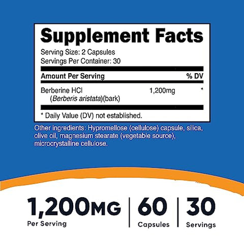 Berberine HCl 600mg – 60 Cápsulas Vegetarianas – Livre de Glúten - Nutricost