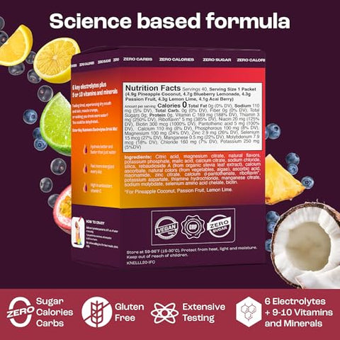 Pacotes de Pó de Eletrólitos Sem Açúcar – 5 Sabores Deliciosos em Pacotes de Hidratação 40 Pacotes – Pó de Eletrólitos Sem Glúten - KEY NUTRIENTS