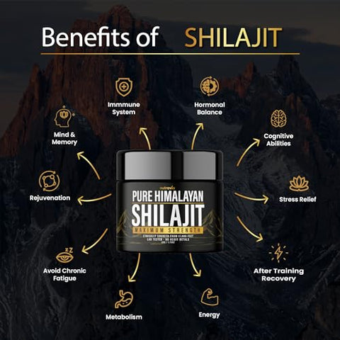 Nutravia - Shilajit Puro Himalaia Orgânico – Fórmula Natural Autêntica Testada em Laboratório para Homens e Mulheres – Sem Metais Pesados – Força Máxima de 600mg com 85 Minerais Traços – Grau Dourado Shilajit