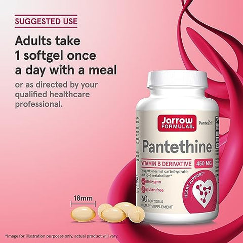 Pantethine 450 mg – Derivado de Vitamina B5 – 60 Porções (Softgels) – Suporte à Saúde Cardíaca, Carboidratos - Jarrow Formulas