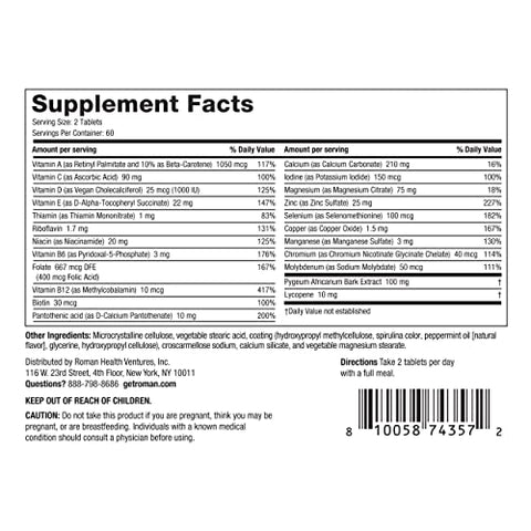 Multivitamínico Diário para Homens | Suporta Atividade Física, Saúde do Cérebro, Coração e Sistema Imunológico com 23 Nutrientes Essenciais Incluindo Cálcio, Magnésio e Zinco | 60 Dias - ROMAN