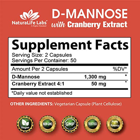 NaturaLife Labs A Higher Standard - D-Mannose 1,300 mg com Extrato de Cranberry – Ação Rápida, Elimina Impurezas, Saúde do Trato Urinário – 100 Cápsulas Vegetarianas