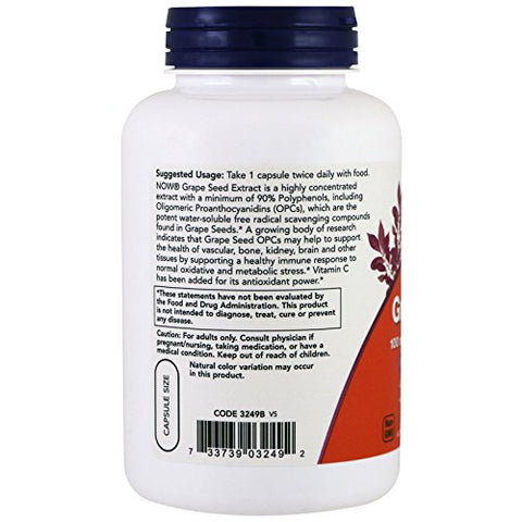 Suplementos, Semente de Uva 100 mg – Extrato Padronizado, Extrato Altamente Concentrado com no Mínimo 90% de Polifenóis, com Vitamina C, 200 Cápsulas Vegetais - NOW Foods