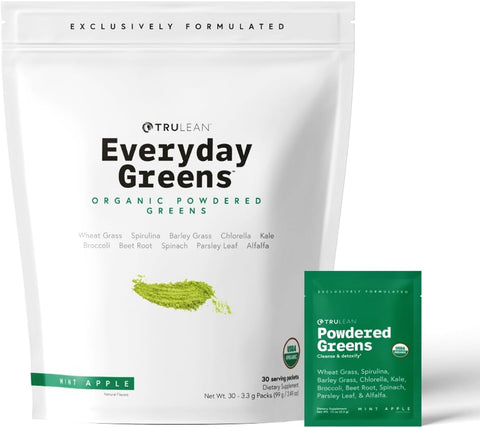 Everyday Greens – Superalimento em Pó de Vegetais Orgânicos – Vegano, Espirulina, Capim de Trigo, Clorela – Sem Glúten, Zero Açúcar – Sabor Menta Maçã – 30g - TRULEAN