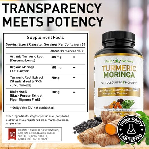 PIUS NATURE - Turmeric Moringa – Cápsulas Vegetais Orgânicas de Cúrcuma Curcumina e Pó Orgânico de Moringa – 120 Cápsulas Veggie para Mulheres e Homens