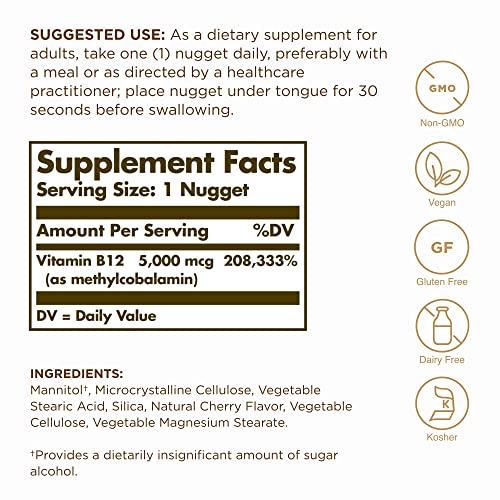 Methylcobalamin (Vitamina B12) 5000 mcg – 60 Nuggets, Pacote com 3 – Suporta o Metabolismo Energético – Vitamina B – Não-OGM, Vegano, Sem Glúten – 180 Porções Totais - SOLGAR