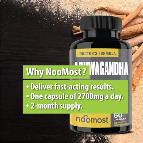 NooMost - Cápsulas de Ashwagandha Orgânica 2700mg c/ Extrato de Pimenta Preta 20mg como Suplementos Veganos de Ashwagandha para Alívio do Estresse, Suporte Natural ao Humor e Energia
