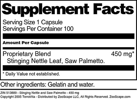 Terravita - Stinging Nettle and Saw Palmetto – 450 mg (100 Cápsulas) – Embalagem Dupla