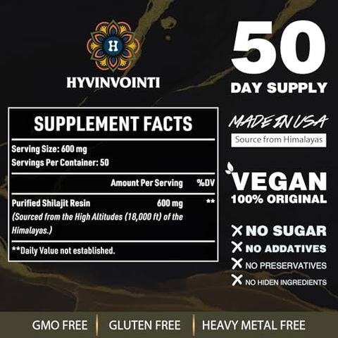 HYVINVOINTI - Shilajit Resina Orgânica Pura do Himalaia 600mg – Grau Ouro, Energia e Vitalidade