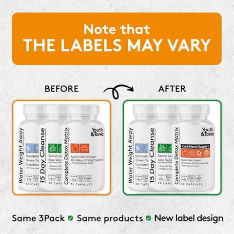 Youth & Tonic - 3pk Detox Cleanse Kick Off – Gerenciamento de Peso | Pílulas de Limpeza do Cólon para Perda de Água com Dente-de-leão ACV – Detox Completo com Probióticos | Para Barriga Lisa, Cintura, Metabolismo | Marca em Destaque