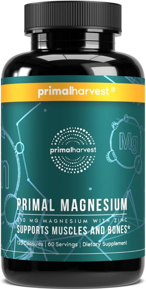 Primal Harvest - Suplemento de Magnésio Complexo 310mg por Primal Harvest com Magnésio Glicinato, Citrato, Malato e Zinco 120 Cápsulas
