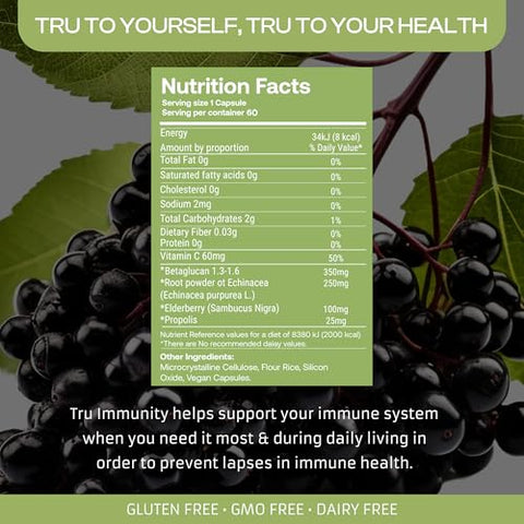 Only Nutri Labs - Tru Immunity: Cápsulas Veganas de Sambucus Elderberry com Suporte Imunológico, Vitamina C, Própolis e Beta Glucano – 60 Cápsulas