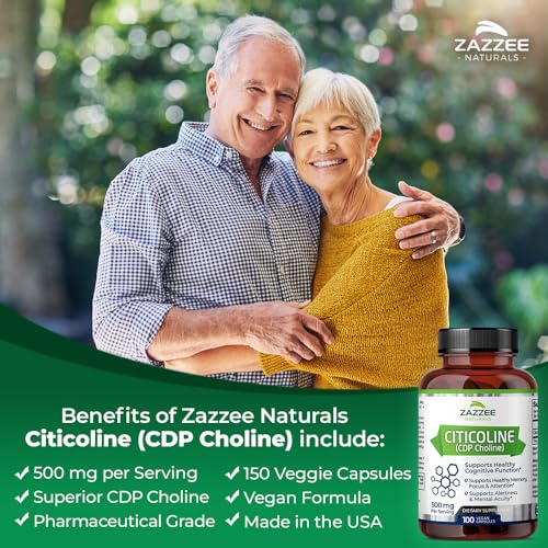 Citicolina Extra Forte, 500 mg por Porção, 100 Cápsulas Veganas, Forma Superior de Colina CDP, Grau Farmacêutico 100%% Vegetariano, Suprimento de 50 Dias, Natural e - Zazzee