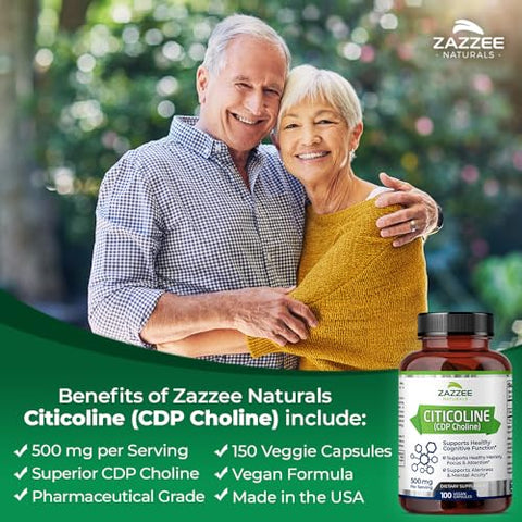 Citicolina Extra Forte, 500 mg por Porção, 100 Cápsulas Veganas, Forma Superior de Colina CDP, Grau Farmacêutico 100%% Vegetariano, Suprimento de 50 Dias, Natural e - Zazzee