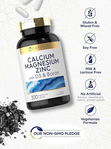 Cálcio Magnésio Zinco com Vitamina D3 e Boro | 300 Cápsulas | Suplemento Vegetariano, Não-OGM - Carlyle