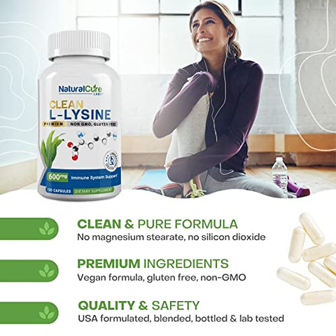 Natural Cure Labs - Clean L-Lysine 600mg, 120 Cápsulas | Vegano, Não-OGM | Marca Clean